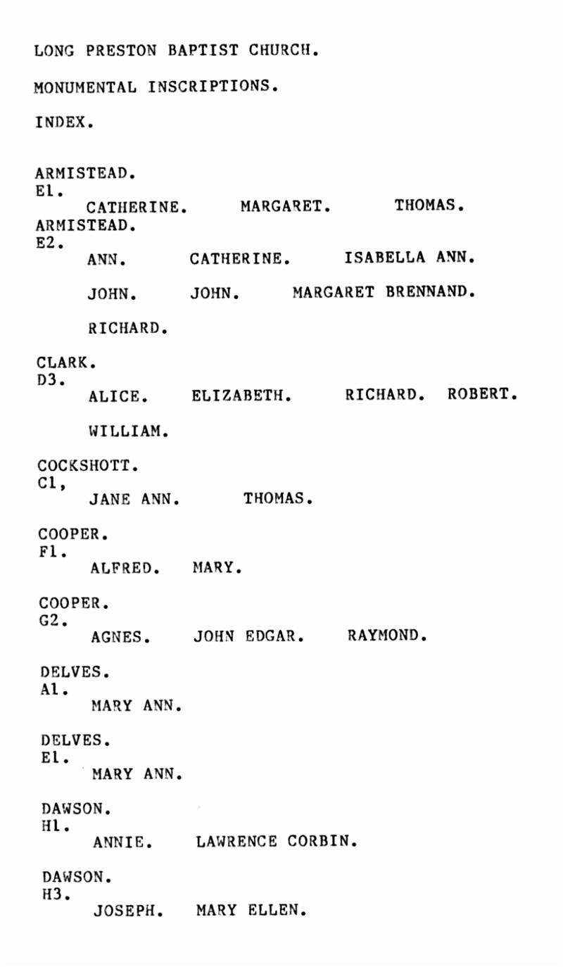Name Index - P1.jpg - Long Preston Baptist Church -  Index to Monumental Inscriptions by Name Order  -  Armistead to Dawson